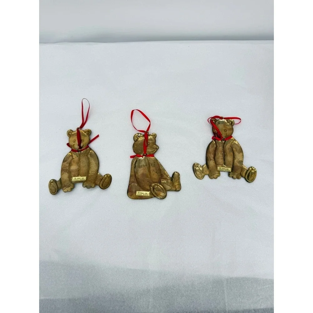 Dept 56 Teddy Bear Shaped Ornaments Brass Vintage Set 3 Holiday Hong Kong Retro
